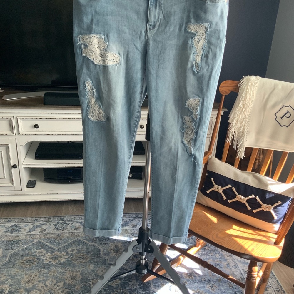 Chico’s PlatinumLight Wash Lace Patch Boyfriend Jeans - Women
